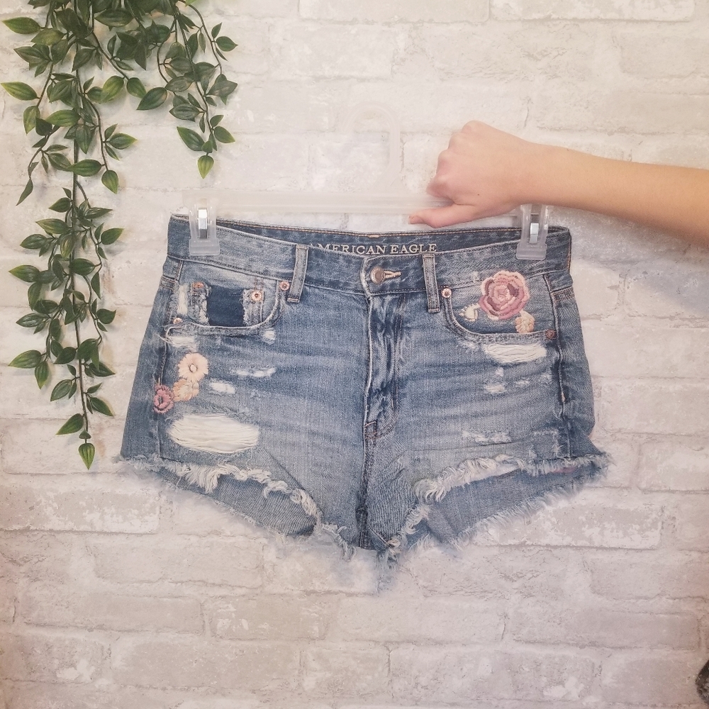 American Eagle Distressed Embroidered Jean Shorts